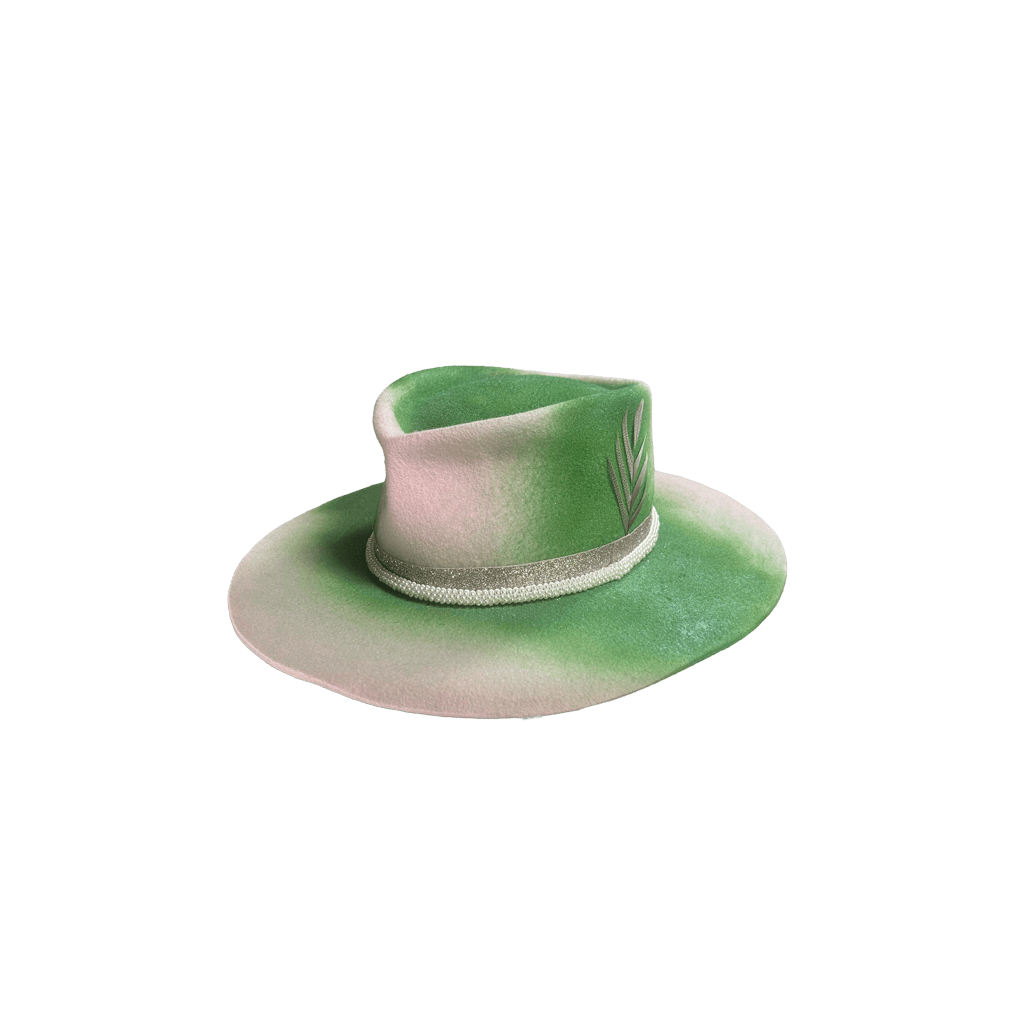 Dear Ivy hat by Thrich Brims — front-angle view showing the hand-carved leaf detail on the crown